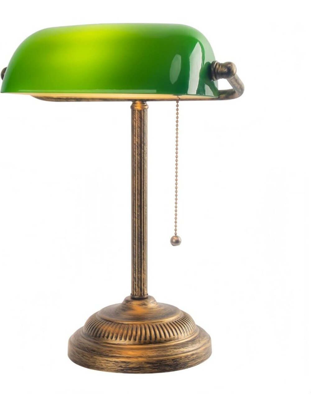 Vintage Green Glass Desk Lamp with Pull Chain, E26 Bronze Base for Office